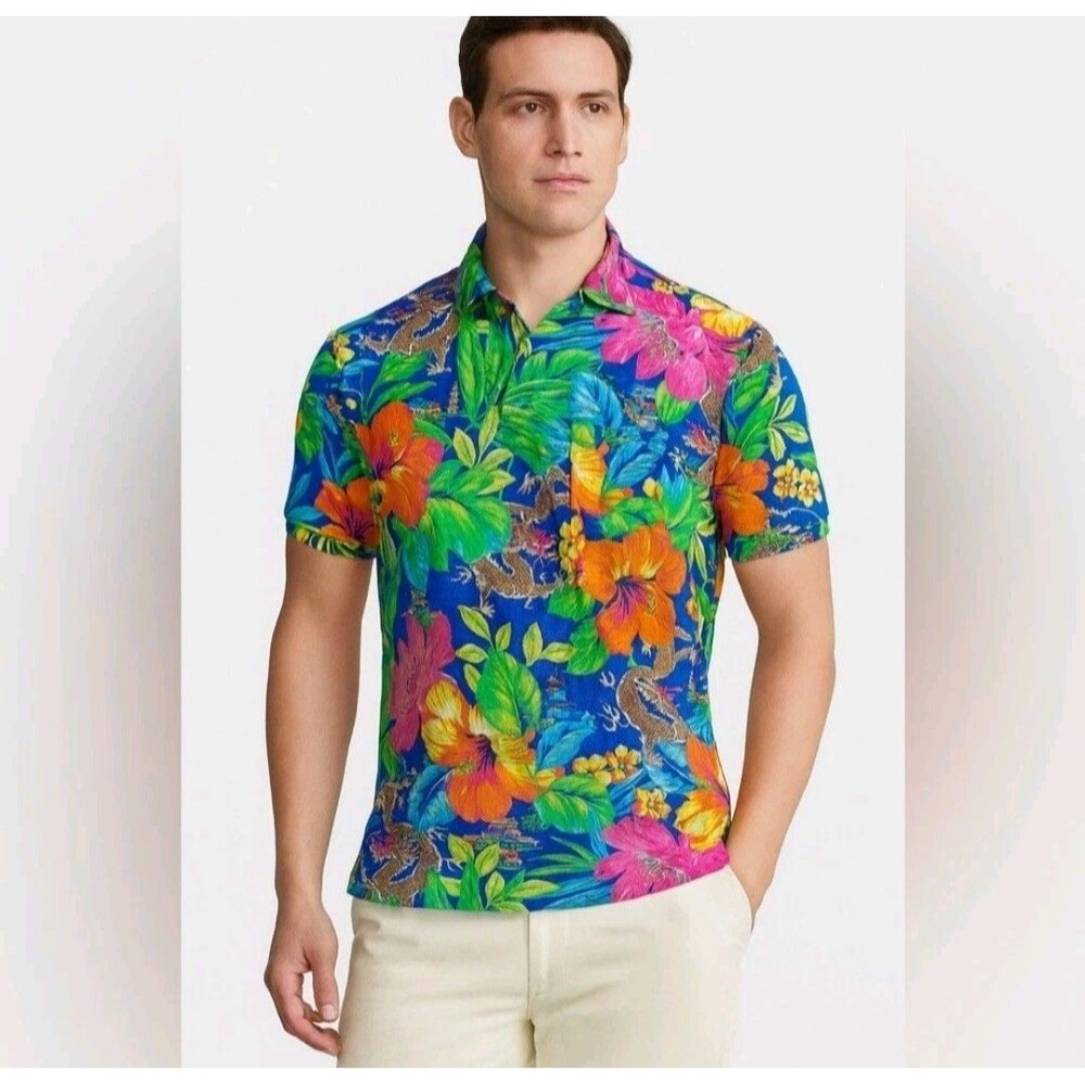 Vintage Polo Ralph Lauren Featherweight Mesh Hawaiian Floral Dragons Pagoda XL